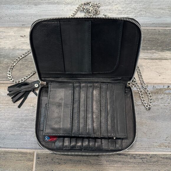 New Braided Black Leather Clutch Wallet Purse Removable Long Chain Zipper Close - Picture 2 of 8